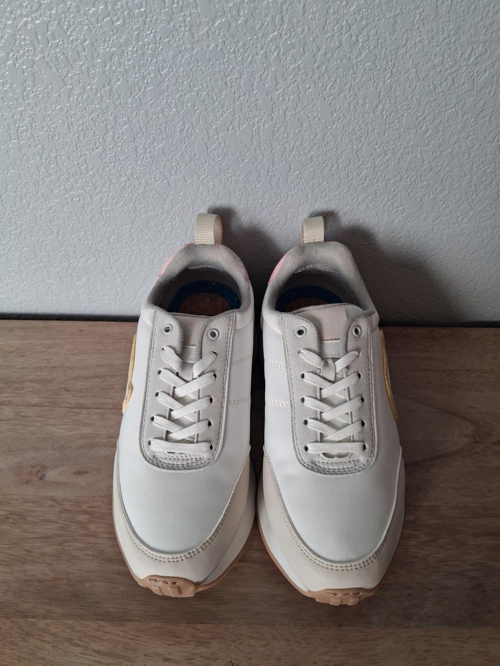 Loci Womens White Sneakers with Tan Accents